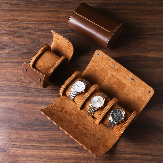 Premium Triple Watch Roll in Brown Leather