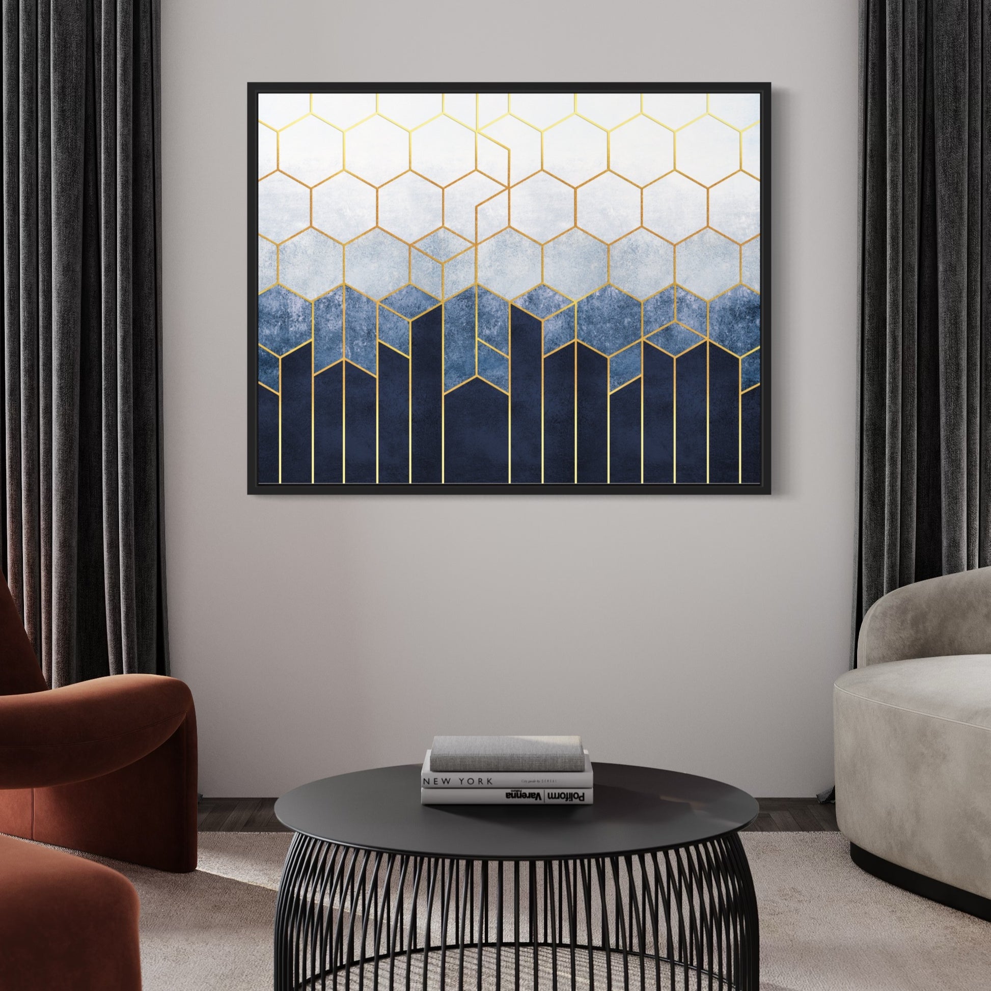 Blue geometric Horizontal wall art, Front side Living room