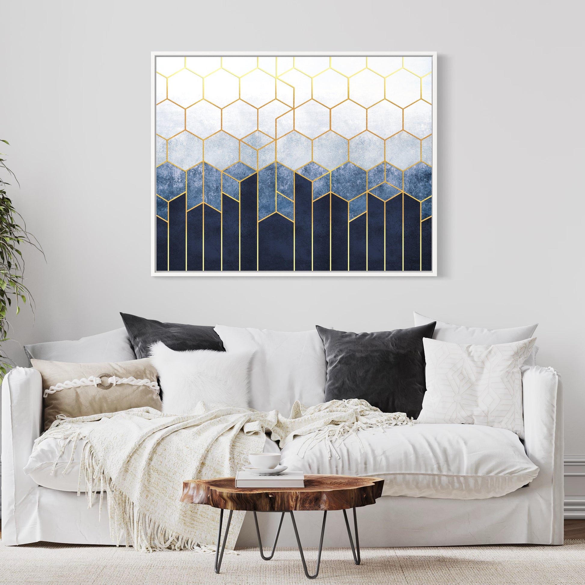 Blue geometric Horizontal wall art, Front side Couch