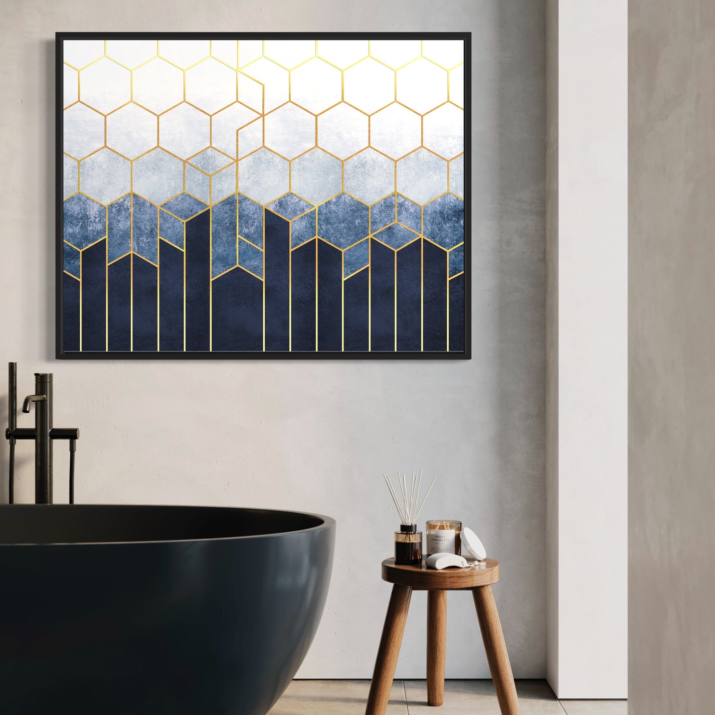 Blue geometric Horizontal wall art, Front side Bathroom