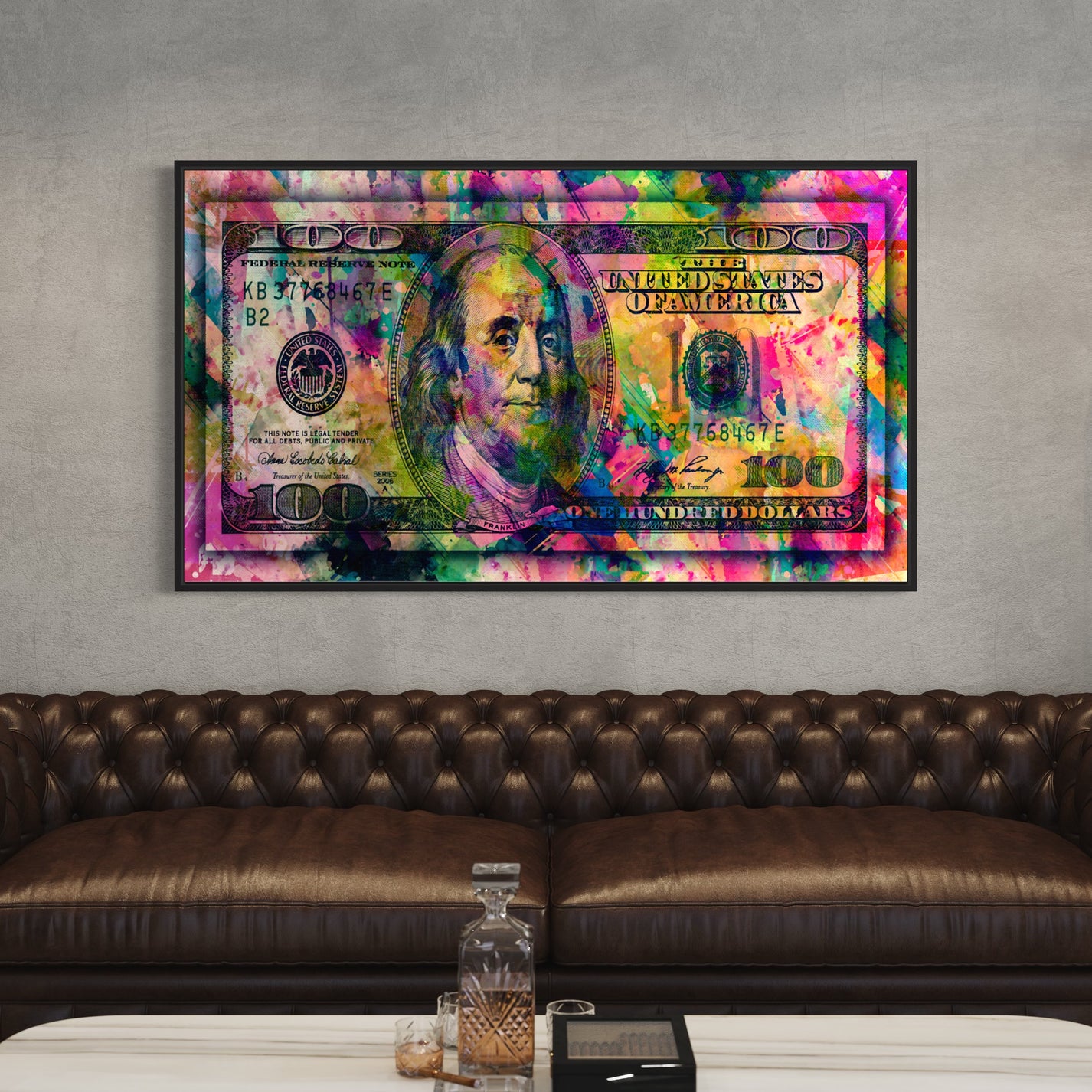 Dirty Money Long Horizontal wall art, Front side Living room Brown leather couch 