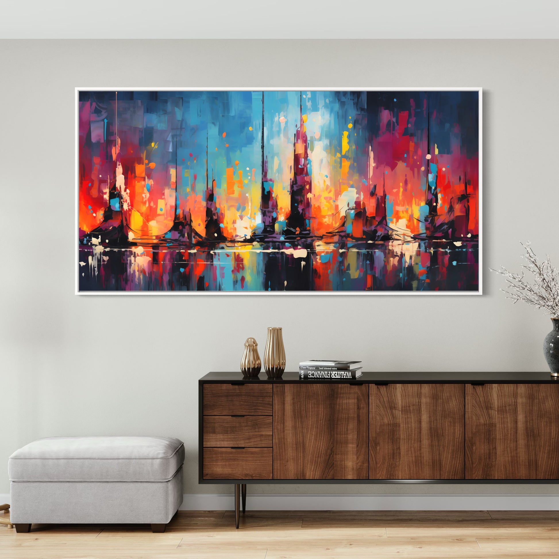 City in Paint Long Horizontal wall art, Front side Living room White Frame