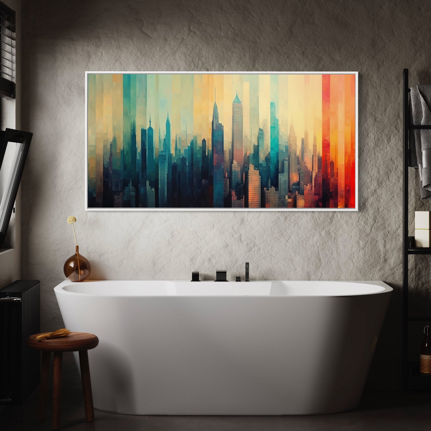 City of Towers Long Horizontal wall art, Front side Badroom White Frame