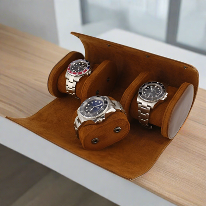 Premium Triple Watch Roll in Brown Leather