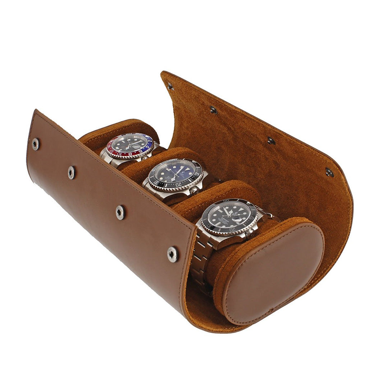 Premium Triple Watch Roll in Brown Leather