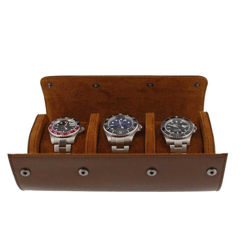 Premium Triple Watch Roll in Brown Leather